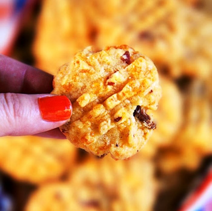 These things fly off the plate at parties! Super easy to make and they taste fantastic! Flour, baking powder, cayenne, butter, cheese, bacon, and milk.