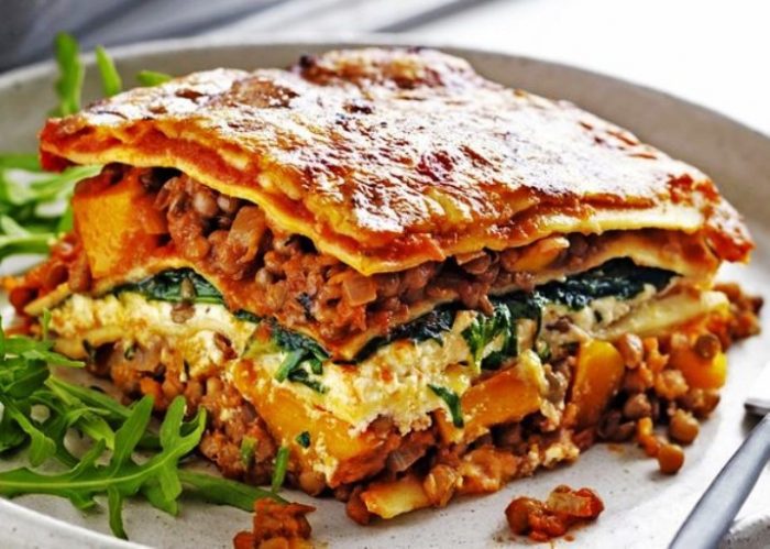 Pumpkin, spinach & lentil lasagne