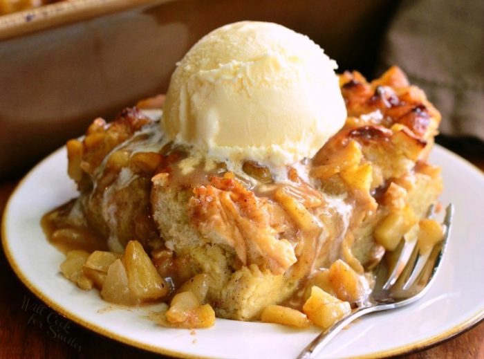 Comforting apple bread pudding made with easy homemade apple pie filling. Serve it hot and with some vanilla ice cream on top for the ultimate taste experience.