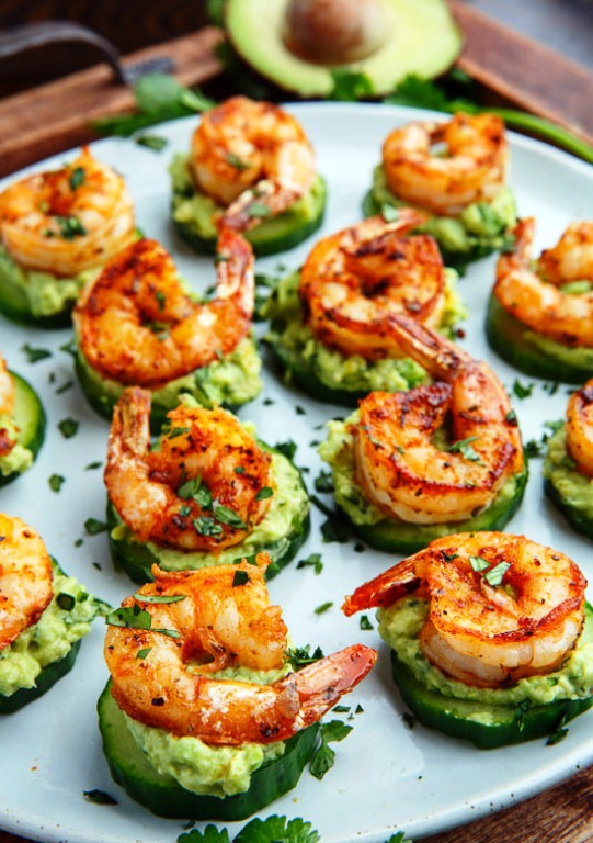 Blackened shrimp avocado cucumber bites