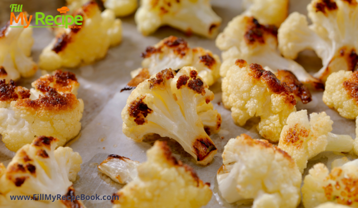 Oven Roasted Cauliflower Florets recipe. A sheet pan oven bake idea for caramalized bites of cauliflower for a delicious veggie for meals.