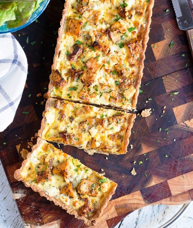 This deliciously savoury sweet potato, feta and caramelized onion tart makes the perfect vegetarian dish for an easy lunch or a light dinner.