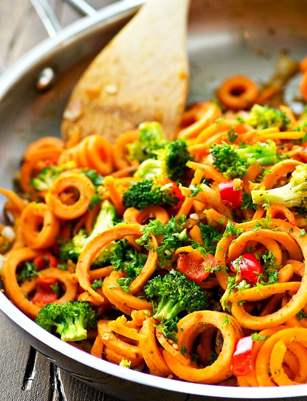 Kicked-up sweet potato noodles stir-fry style with lots of veggies