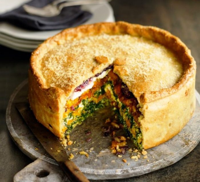 A vegetarian pie recipe made with seasonal autumn vegetables and goat’s cheese in a cheesy pastry. The pie is freezable so you can make it ahead.