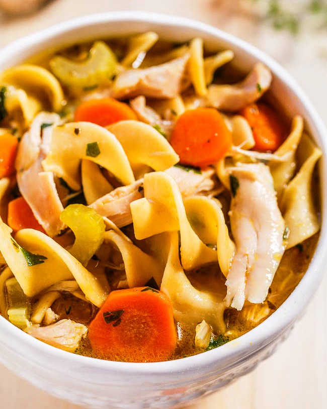 Egg noodles in chicken noodle soup