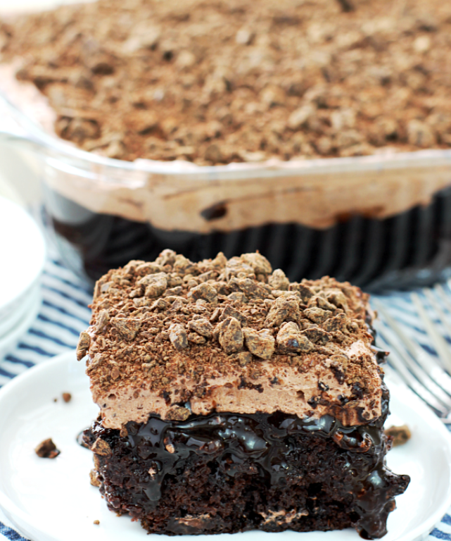 This Death By Chocolate Poke Cake is for the serious chocolate lover! A chocolate cake that has been poked, filled, and covered with so much chocolate.