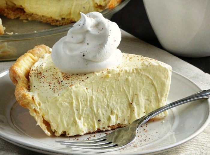 This easy no bake Eggnog Pie has won a permanent place on our Thanksgiving and Christmas dessert menus. It's light, fluffy and a family favorite.