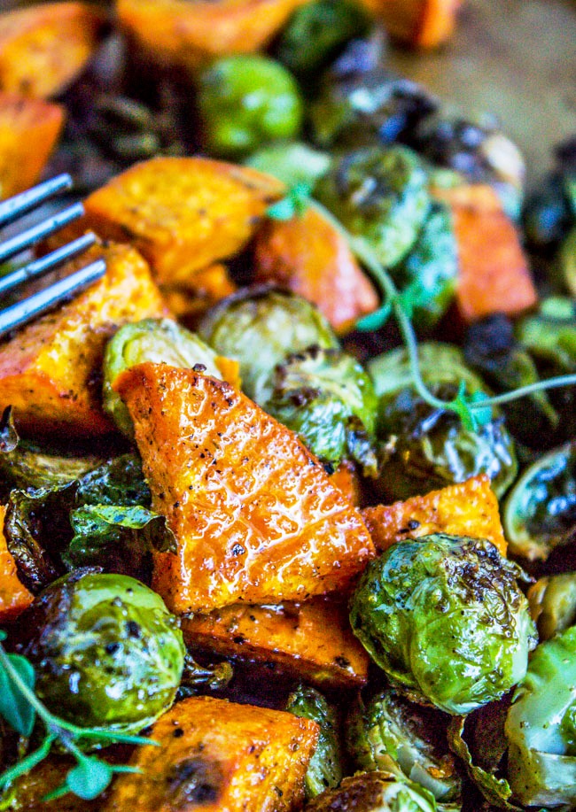 Roasted brussels sprouts and sweet potatoes