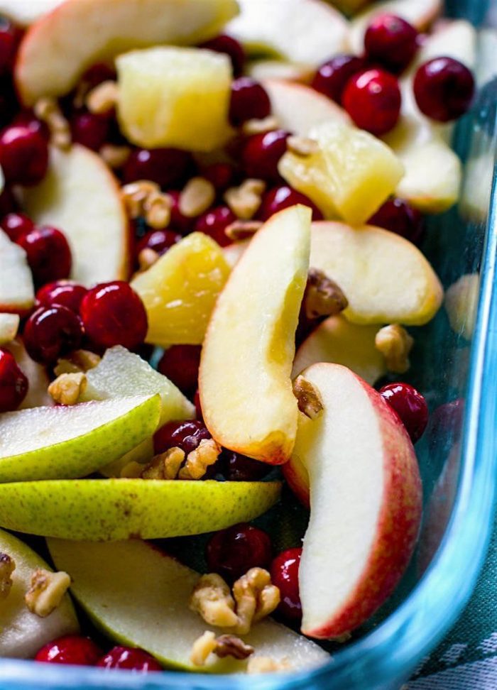 Spiced Hot Fruit Bake is a delicious and healthy holiday breakfast! This gluten free spiced hot fruit bake also makes for a great topping for waffles, pancakes, or simply by itself! A nutritious dish to add to your Holiday Brunch menu. Easter, Christmas, Mother’s Day, or New Year’s brunch. Vegan option too.