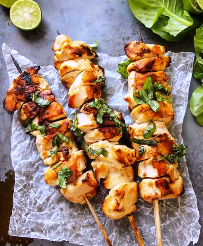 Basil lime grilled chicken kebabs