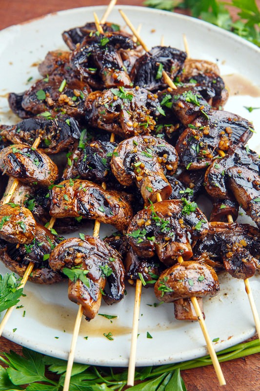 Smoky grilled balsamic and garlic marinated mushroom skewers