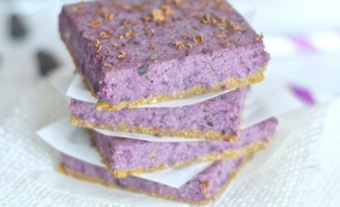 These Raw Vegan Blueberry Bars are amazing… Made from whole grain certified gluten free oat flour and sweetened with maple syrup and organic blueberry puree.  