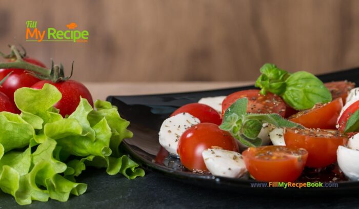 Cherry Tomato Caprese Salad with glazed balsamic vinegar recipe. Easy tasty side dish with mozzarella balls, fresh basil leaves and spices.