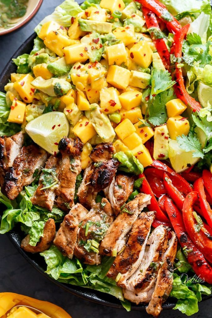 Grilled cilantro lime chicken salad with a mango salsa