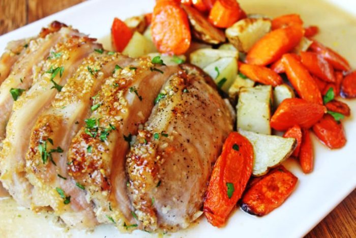 Caramelized brown sugar garlic pork and roasted vegetables