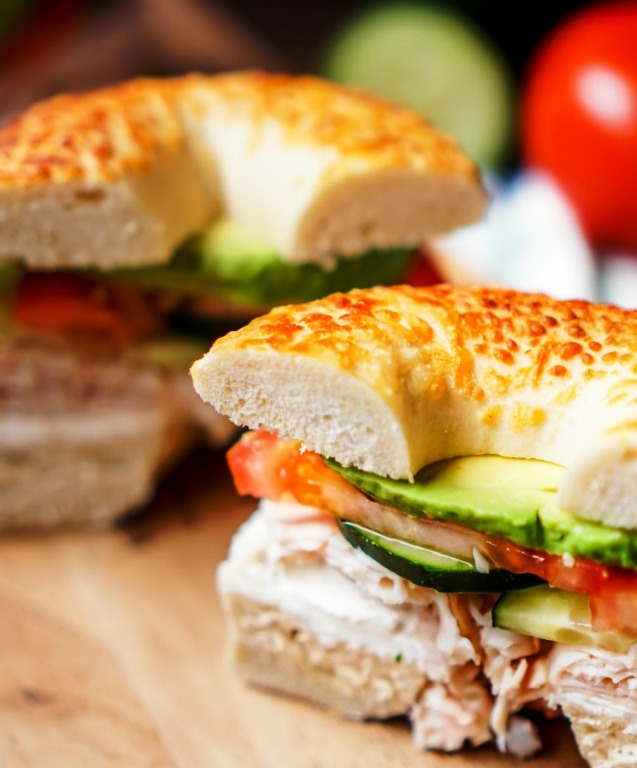 Veggie and cream cheese turkey bagel sandwich.