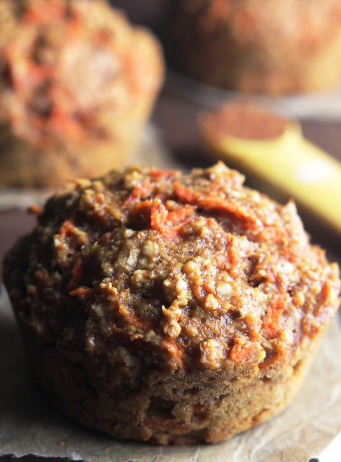 Warm, cozy bran muffins full of spices & shredded carrots. They’re as soft & tender as cupcakes, but they’re made without butter, refined flour or sugar.