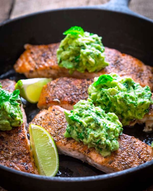 Easy salmon with avocado and basil