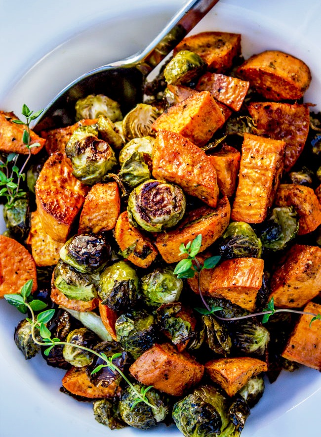 Roasted sweet potato and brussels sprouts