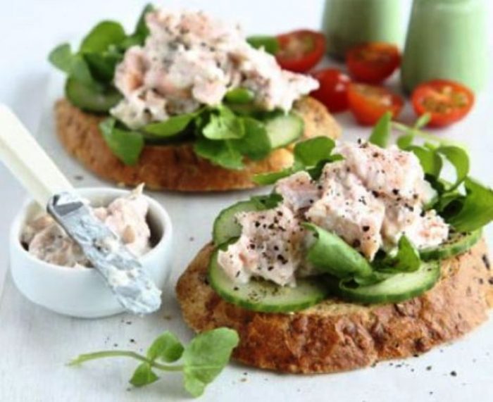 Smoked trout and cucumber filled sandwich