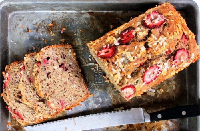 Strawberry coconut chia seed banana bread