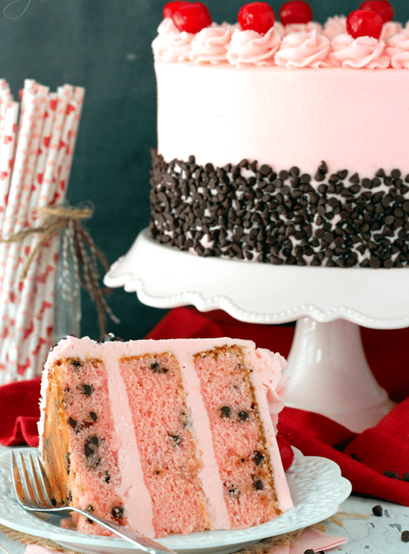 This Cherry Chocolate Chip Cake is so fun and filled with cherry and chocolate flavor. I’m totally in love with the naturally pink color, too!