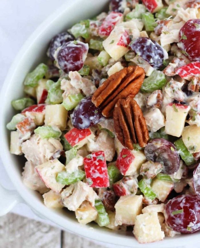 Healthy chicken salad with grapes, apples and tarragon yogurt dressing