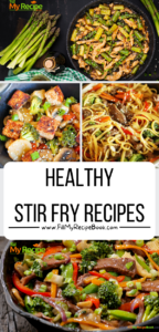 Healthy Stir Fry Recipes with chicken, shrimp and pork or beef as well as chickpeas.  A family lunch or dinner meal cooked on the stove top.