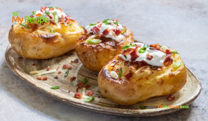 Loaded Baked Potatoes Grilled recipe. Easy homemade potato jackets filled with cream cheese and bacon bits topped with cheddar for a meal.