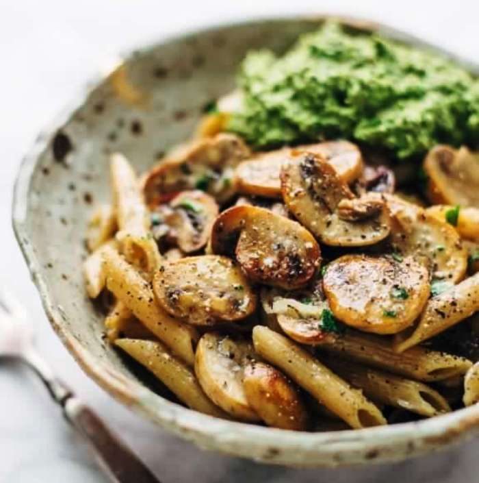 Simple mushroom penne with walnut pesto