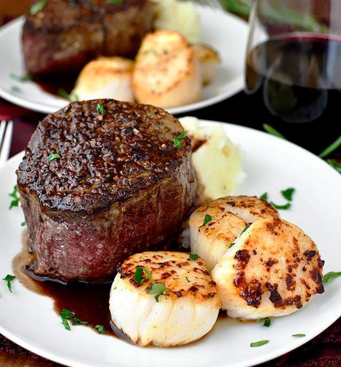 Surf and turf for two with sea scallops and filet mignon