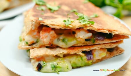 Spicy Tasty Keto Shrimp Quesadillas recipe idea to create for lunch or dinner. Pan sautéed shrimp and chili, cumin and jalapeño with avocado.