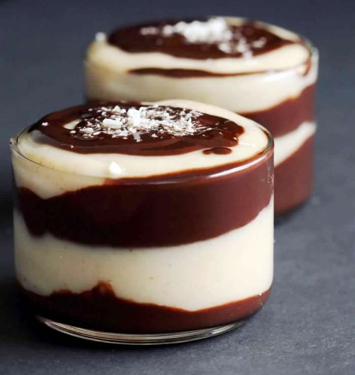 Vegan Boston Cream Pie Pudding Parfaits. Creamy Almond flavored pudding layered with smooth chocolate. Serve as pudding cups or add other layers of vanilla wafers or vanilla sponge cake to make Parfaits. Vegan Soy-free Recipe. Can be made nut-free.
