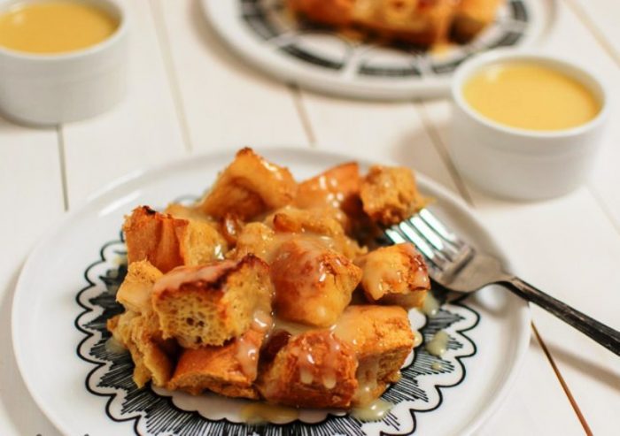 Bread pudding with warm vanilla sauce