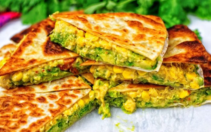 This avocado quesadilla may feel like a total comfort food indulgence, but it is actually quite healthy! The "cheese" is made with corn, nutritional yeast, garlic, and salt. Add in the avocado and cherry tomatoes, and this avocado quesadilla is pretty well-rounded ingredient-wise. 