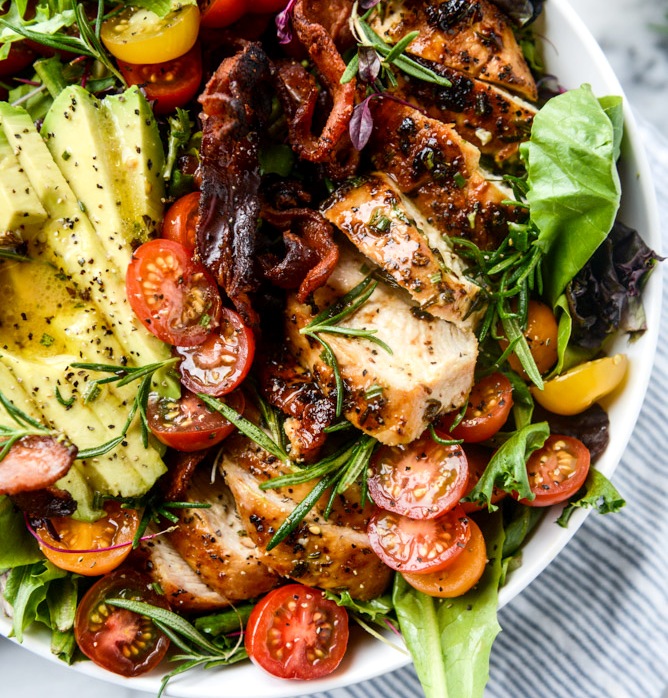 Rosemary chicken, bacon and avocado salad