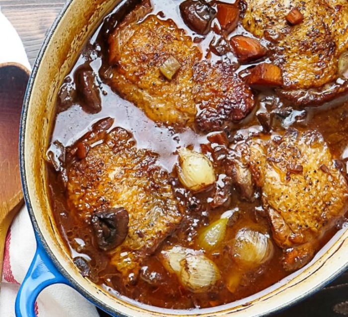  Coq au vin. (braised chicken)