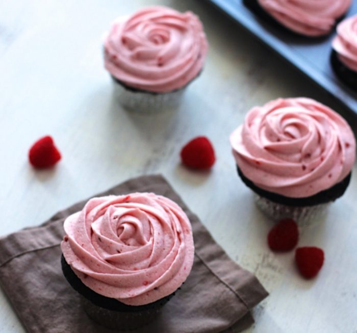 Dark chocolate cupcakes with raspberry buttercream