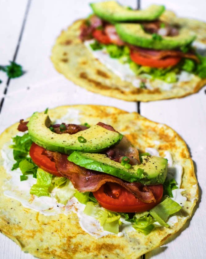 Low carb breakfast burrito with bacon and avocado