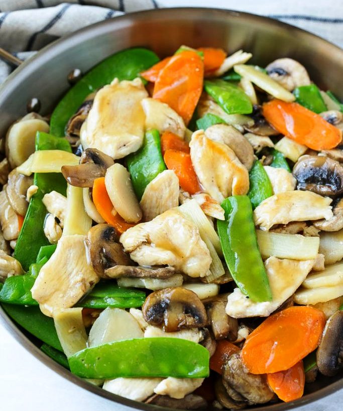 This recipe for moo goo gai pan is a classic dish of chicken and vegetables stir fried with a savory sauce. Plus secret tips on how to make your stir fries taste like they came from a restaurant!