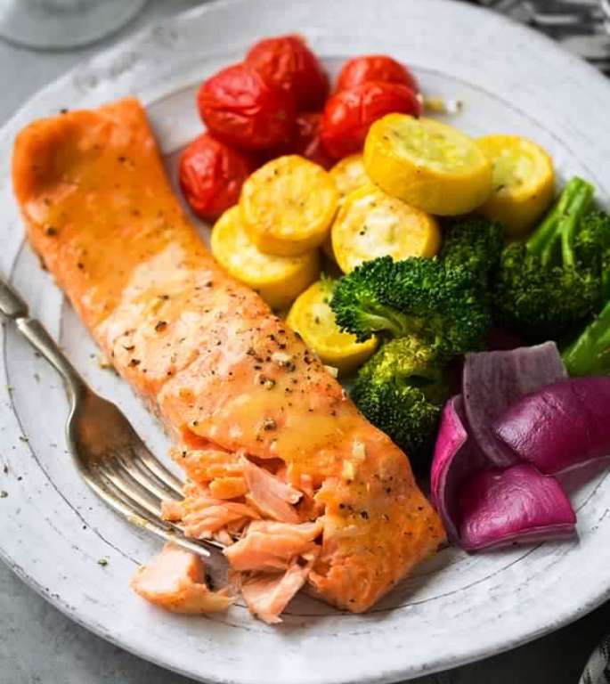 Sheet pan honey mustard salmon with rainbow veggies