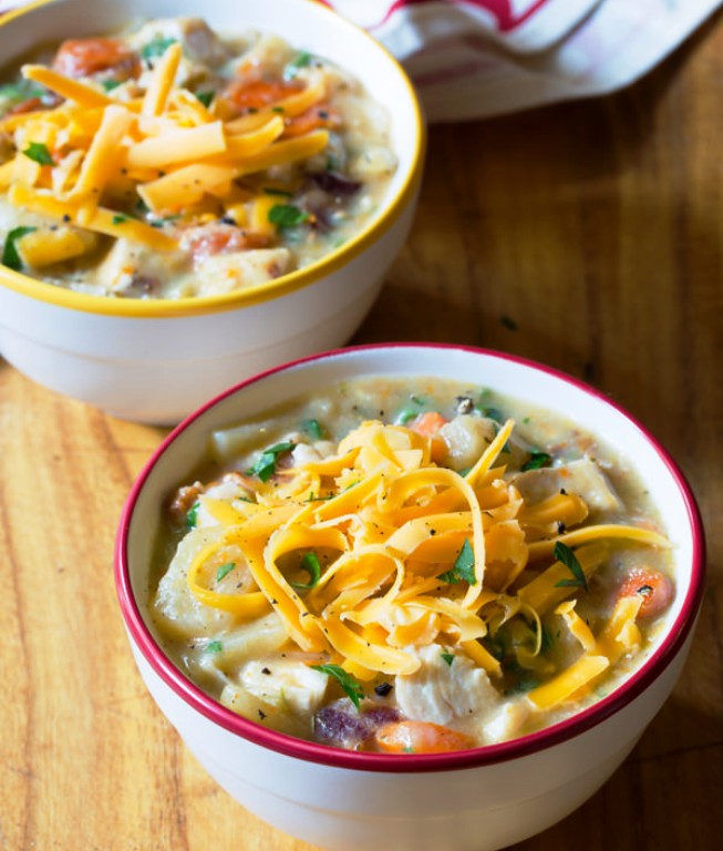 Healthy Crockpot Potato Soup with Chicken: A thick, creamy, and seemingly sinful potato soup with chunks of chicken and tons of vegetables.