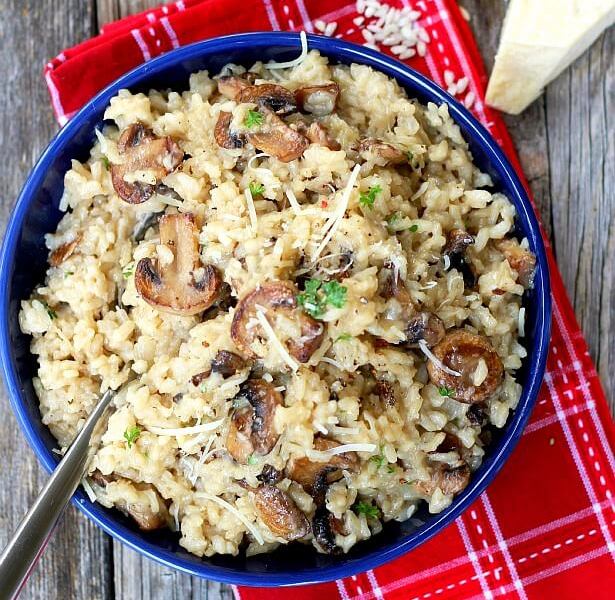 This mushroom risotto recipe is fool-proof and simple, a perfect meatless main dish or side. Company worthy and easily adapted for a vegan main dish.
