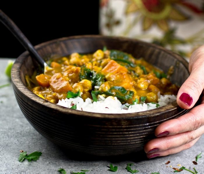 Wonderful vegan sweet potato, chickpea and spinach coconut curry