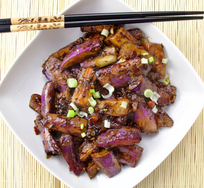 The long asian eggplants have a firmer texture and bolder flavour in comparison with the western world “big eggplant”. They don’t lose their shape when cooking, resulting into a firmer bite than normally. Simply add a little cornstarch on them before cooking into the wok in order to make the skin slightly crunchier and the sauce thicker.