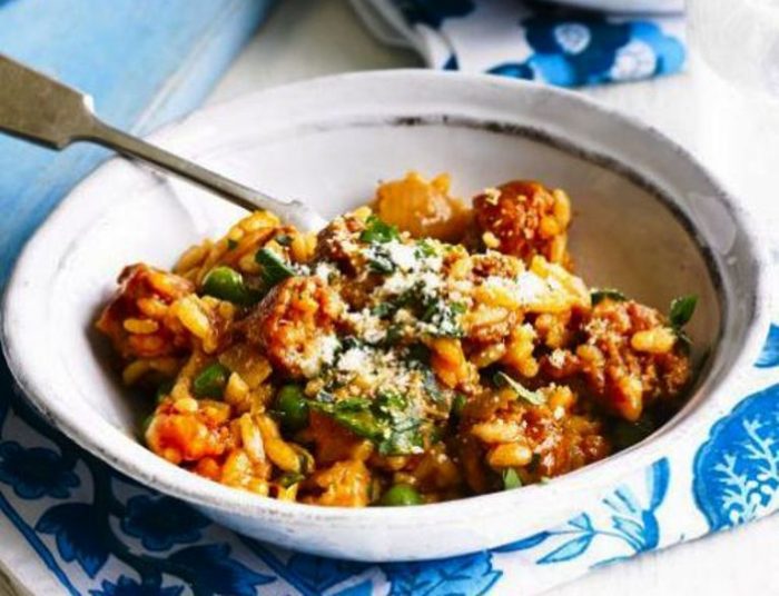 A truly easy weeknight dinner, this rice dish is like a simple paella or jambalaya - add broad beans or sweetcorn for extra colour.