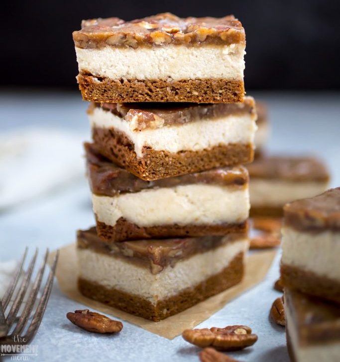 Paleo caramel pecan cheesecake bars