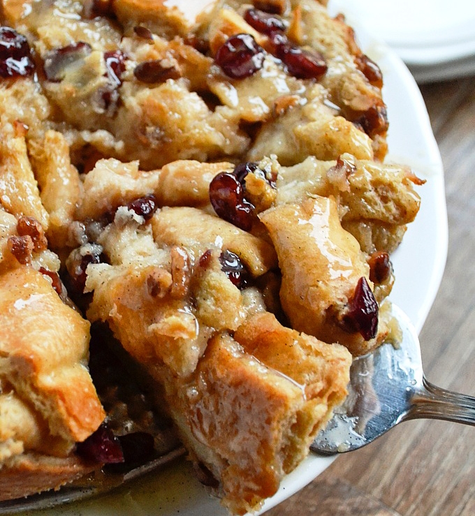 Bread pudding topped with a sweet vanilla bean sauce