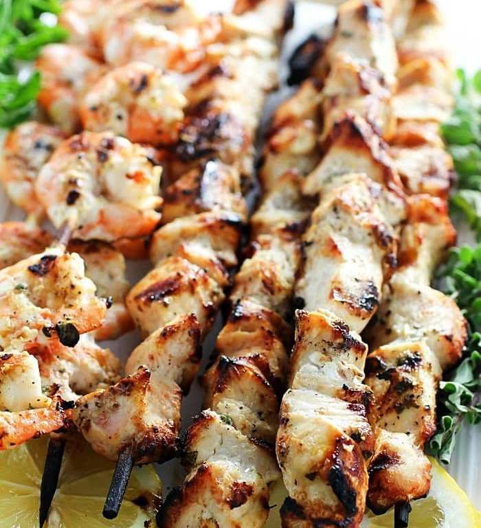 Lemon oregano chicken & shrimp skewers