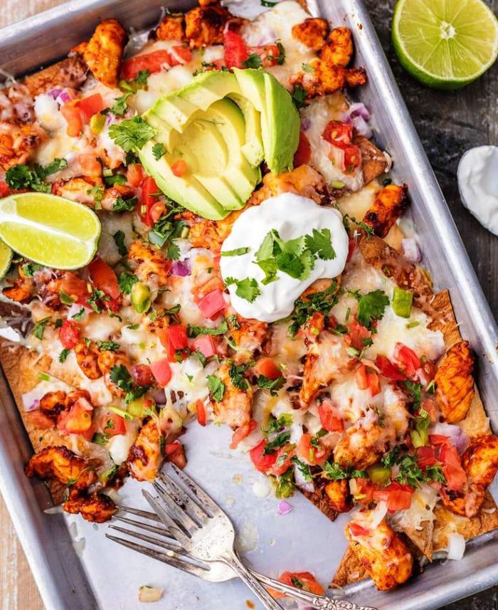 Sheet-pan-chicken-nachos with tequila lime